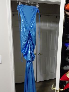 Blue Metallic Ruched Evening Gown - NEVER WORN, Women Dresses